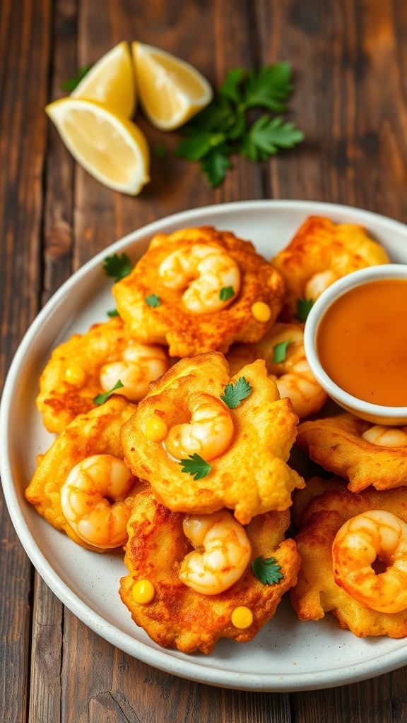 Crispy shrimp and corn fritters on a plate, garnished with herbs and served with dipping sauce.